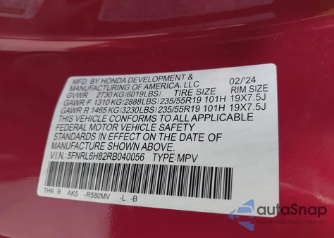 2024 Honda Odyssey Touring from USA, damaged, VIN 5FNRL6H82RB040056